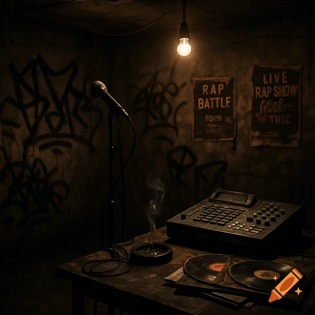 A dimly lit, gritty basement studio with a microphone, an MPC sampler, and vinyl records on a table, graffiti-tagged walls, and rap posters.