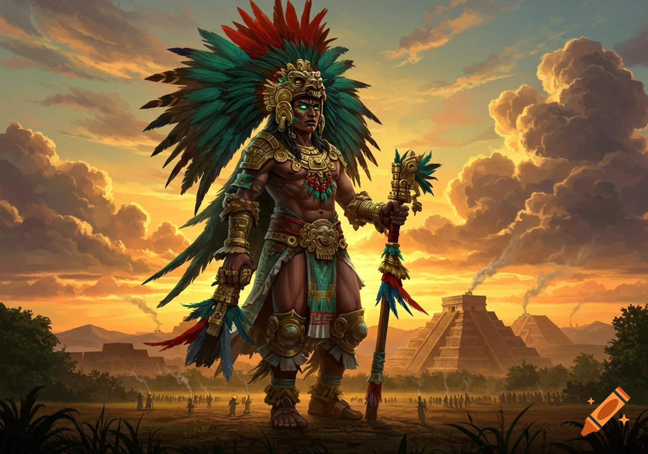 A powerful Aztec warrior or deity in ornate feathered headdress and golden armor stands before ancient pyramids at sunset.