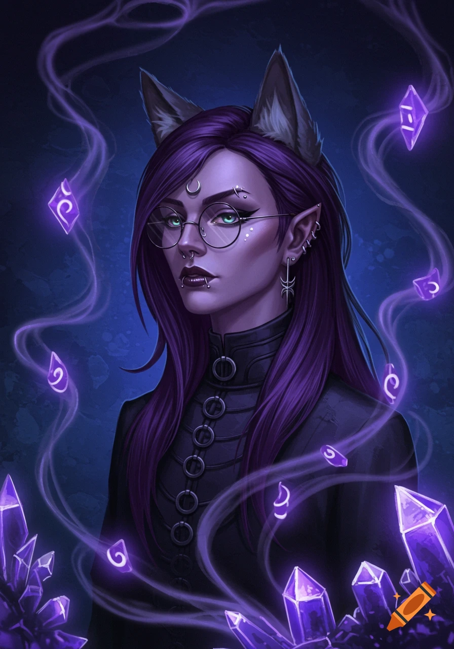 A stylized portrait of a character with purple skin, long purple hair, wolf ears, round glasses, and facial piercings, surrounded by glowing purple crystals and wisps of smoke.