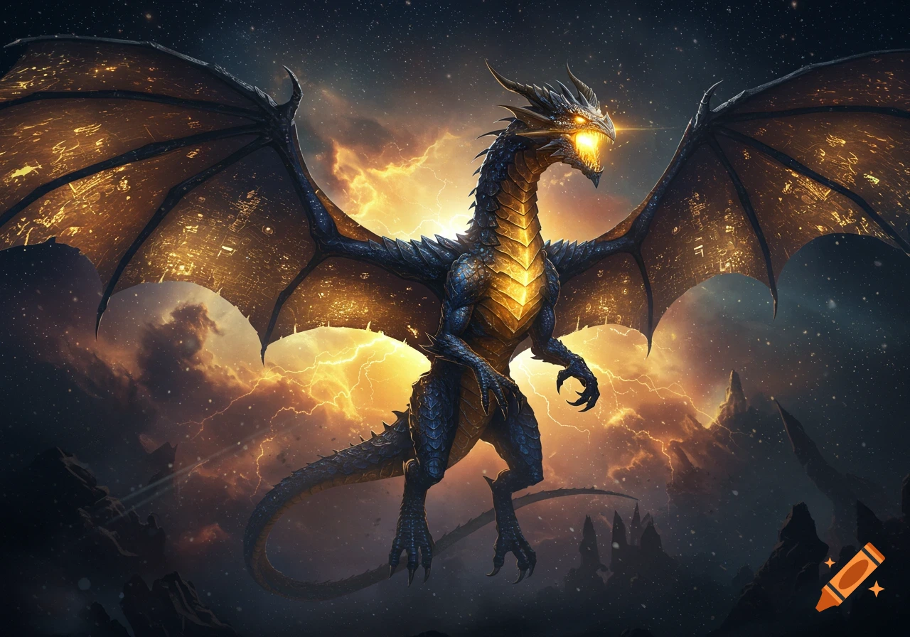 A powerful blue and gold dragon with glowing eyes and chest, wings spread against a starry sky with golden lightning and dark mountains.