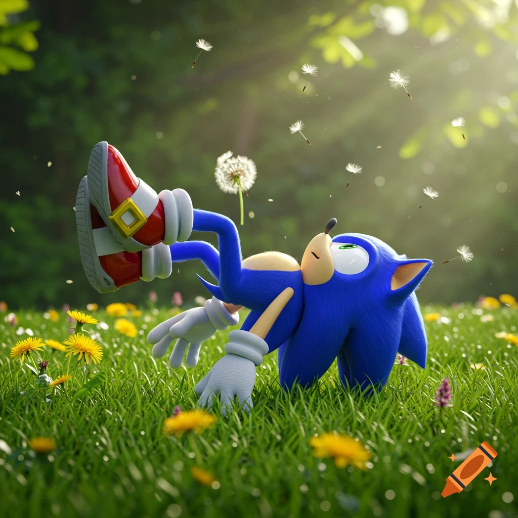 Sonic the Hedgehog lies on his back in a vibrant, sunny green field with dandelions, seeds floating, in a photorealistic 3D render.