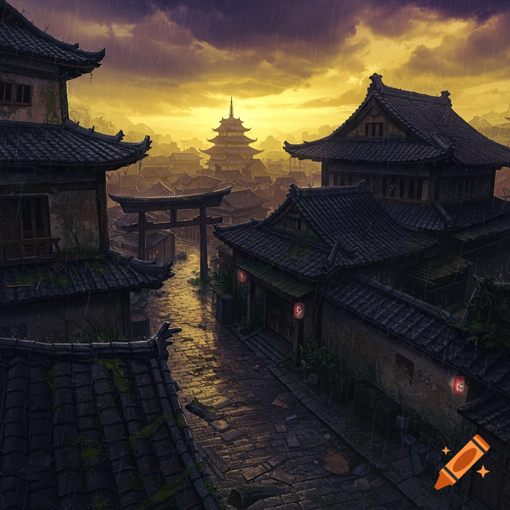 A medieval Japanese city with traditional architecture in pouring rain under a dramatic yellow and purple sky, with a torii gate leading down a wet, stone street.
