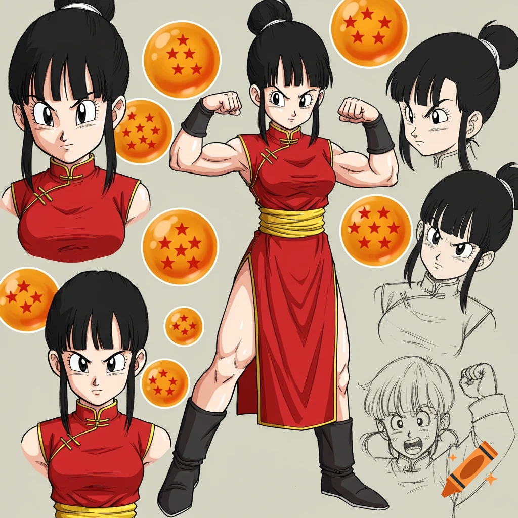 Anime model sheet of Chi-Chi from Dragon Ball Z in various poses, including flexing her arms, surrounded by Dragon Balls.