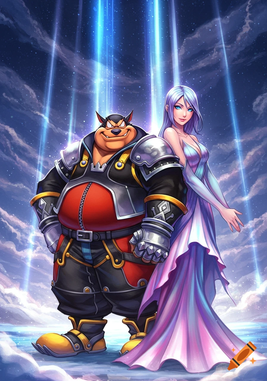 Pete from Kingdom Hearts and a woman in a purple dress stand against a starry sky with blue light beams in an anime style.