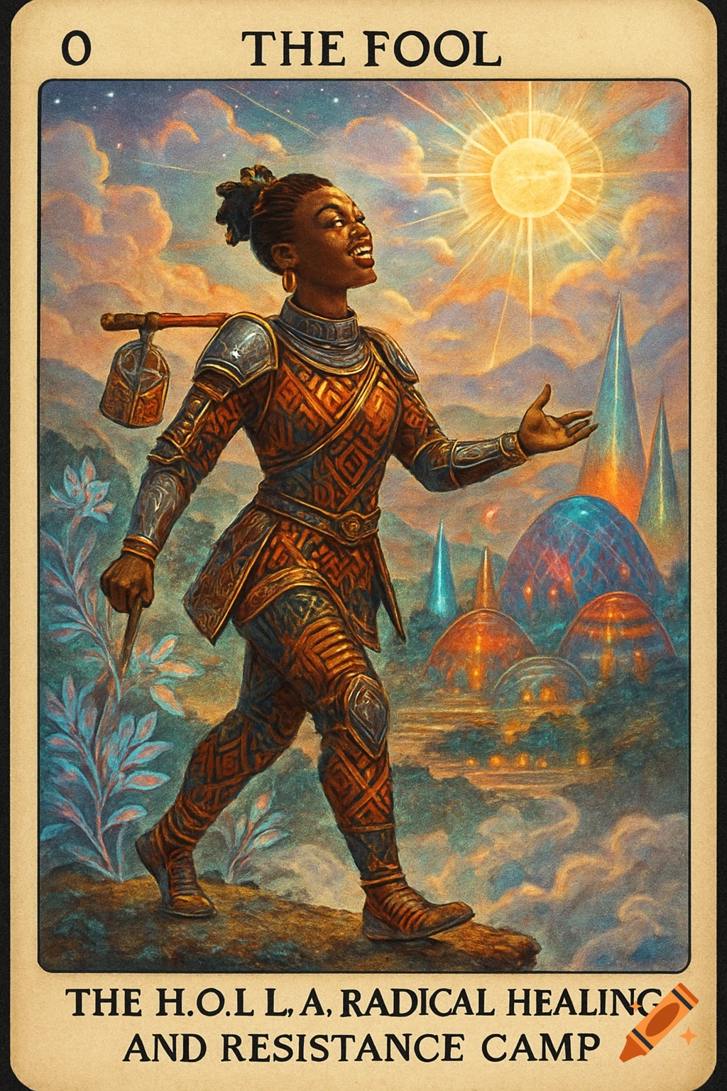 A vibrant Afrofuturist tarot card, 'The Fool', depicting an armored Black woman walking joyfully towards a futuristic city under a bright sun.