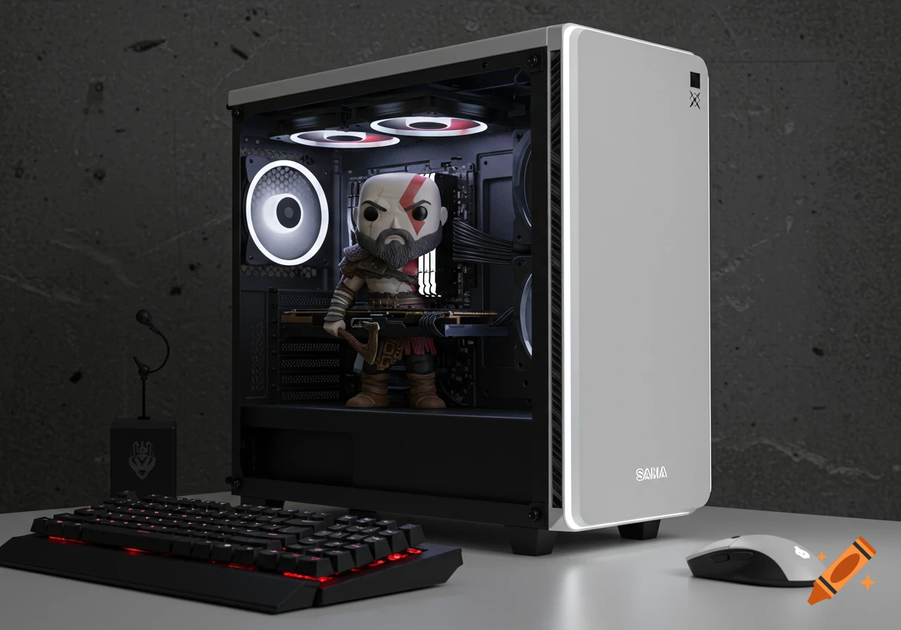 A white gaming PC tower with a Kratos Funko Pop figurine inside, a black backlit keyboard, and a white mouse on a gray desk.
