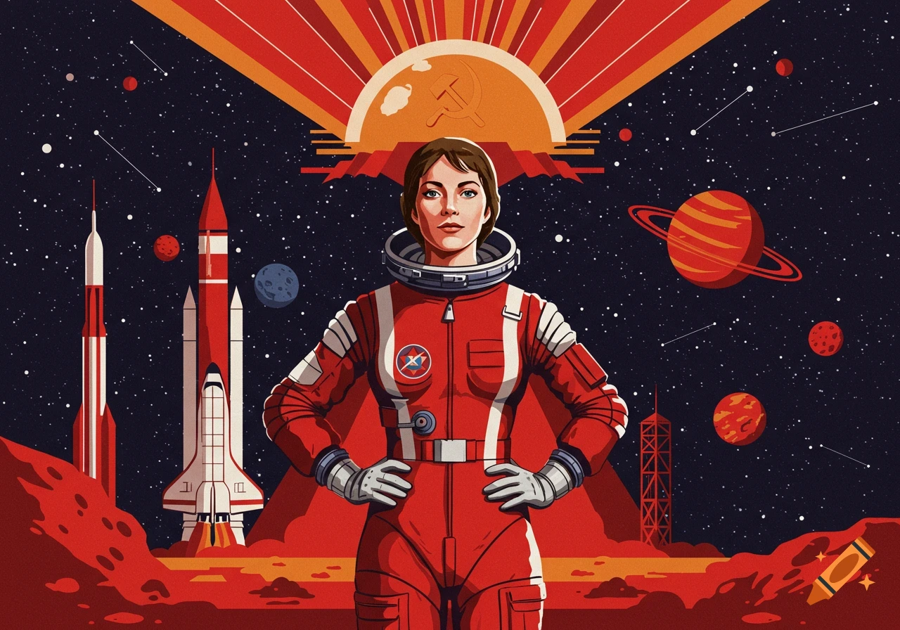 A female astronaut in a red and white spacesuit stands with hands on hips against a space background with rockets, planets, and a Soviet-style hammer and sickle emblem. Propaganda poster art.