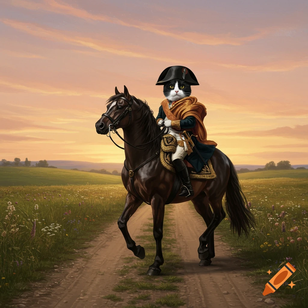 Black and white cat in Napoleon's uniform riding a dark horse on a dirt path through a grassy field at sunset.