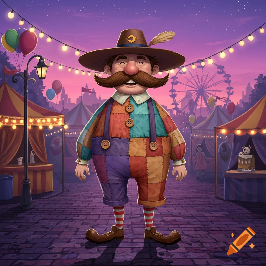 A smiling, stylized man with a large mustache and patchwork outfit stands in a colorful carnival at dusk, with string lights and a Ferris wheel.