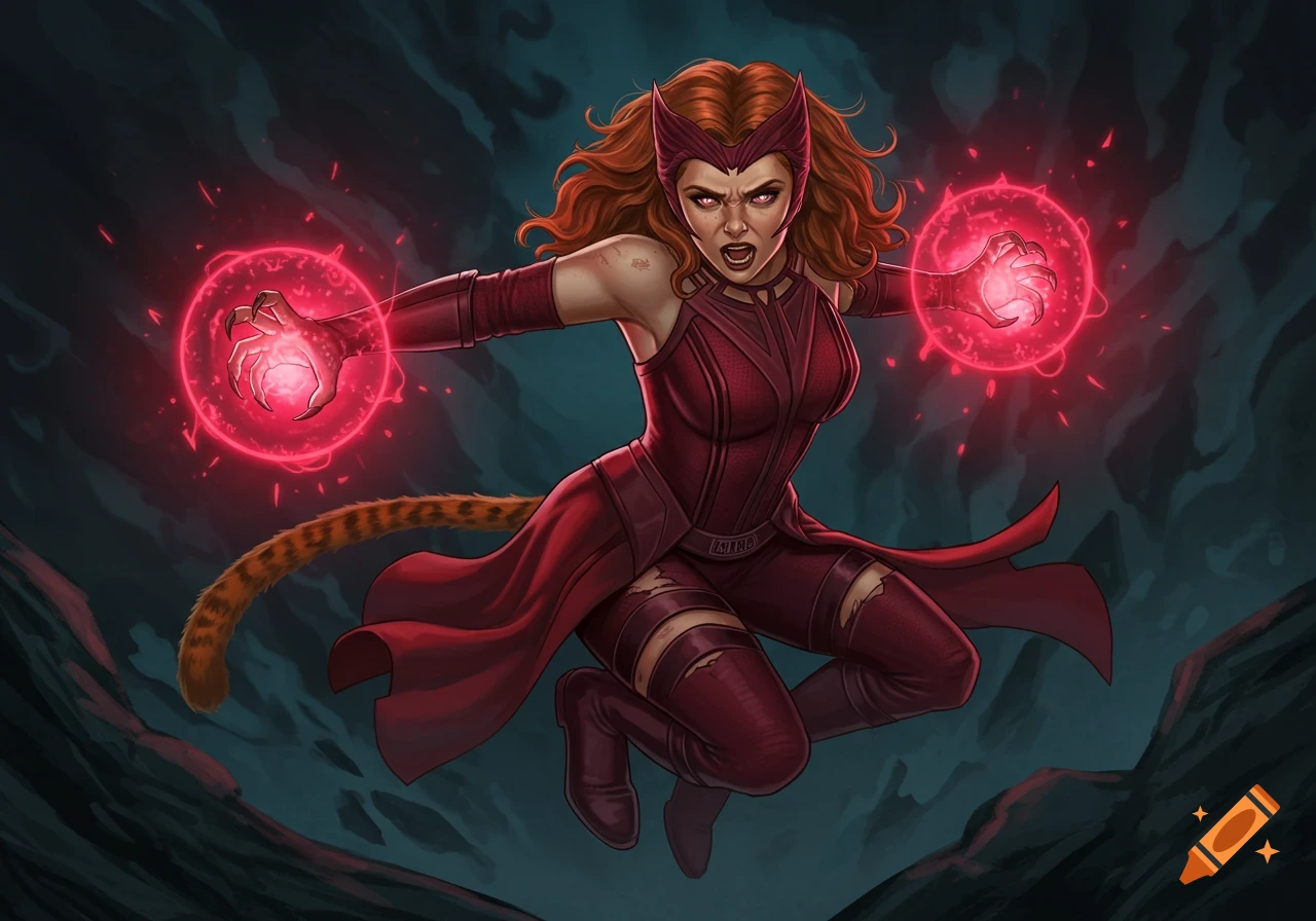 Illustration of Scarlet Witch as a fierce, red-haired werecat in a tattered red costume, leaping and casting glowing red magic with sharp claws against a dark background.