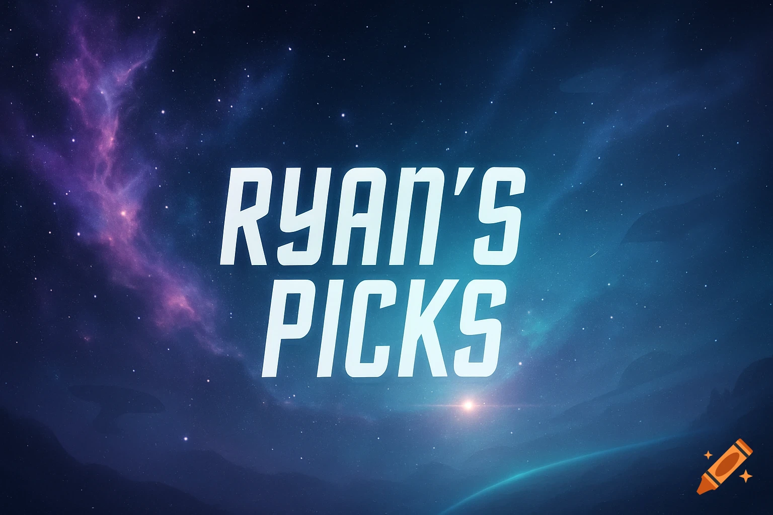 White futuristic text 'Ryan's Picks' against a dark blue cosmic background with stars and purple nebula.