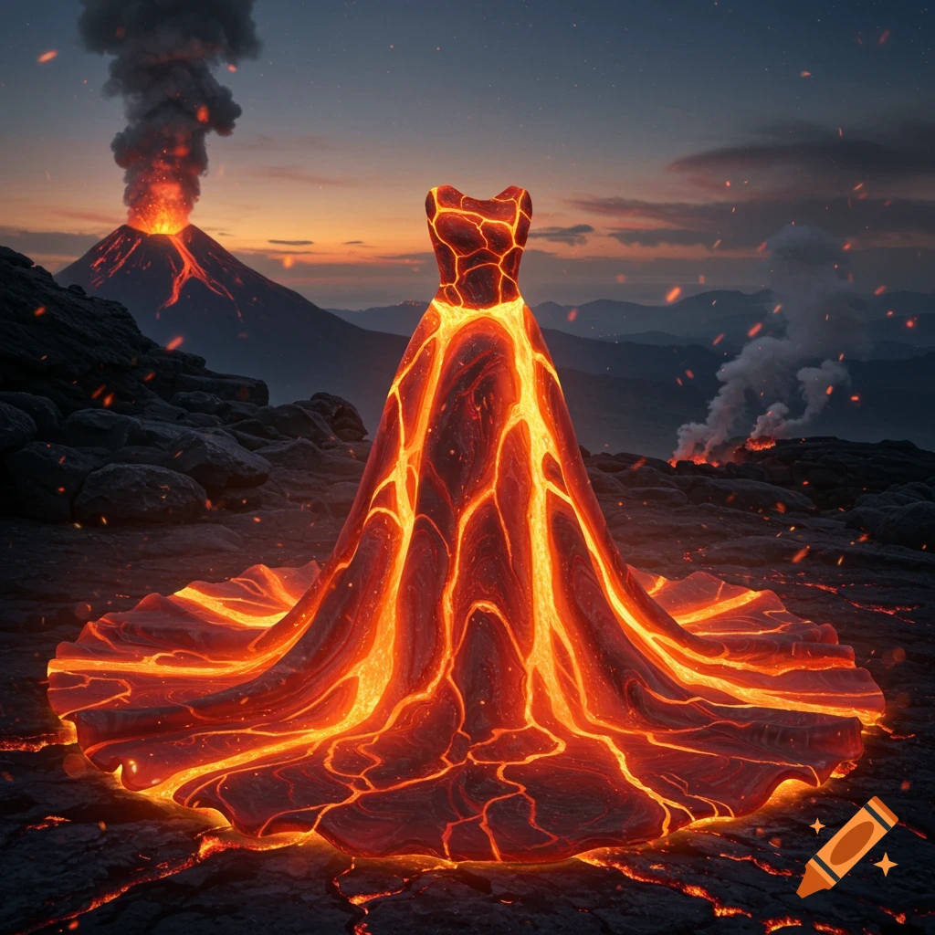 A glowing dress made of molten lava stands on dark volcanic ground with an erupting volcano in the background at sunset.