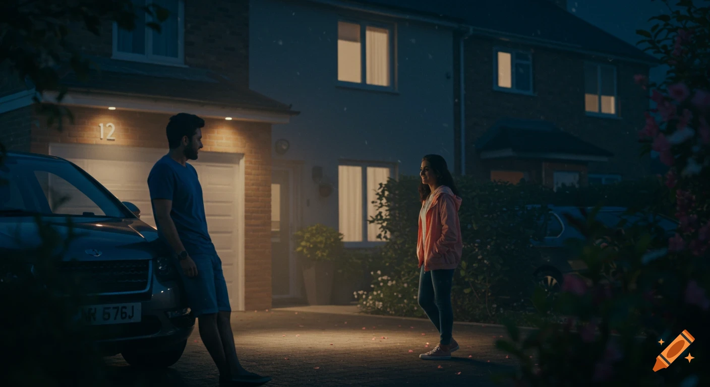A man and woman meet at night on a suburban driveway, bathed in soft light, in a cinematic, romantic style.