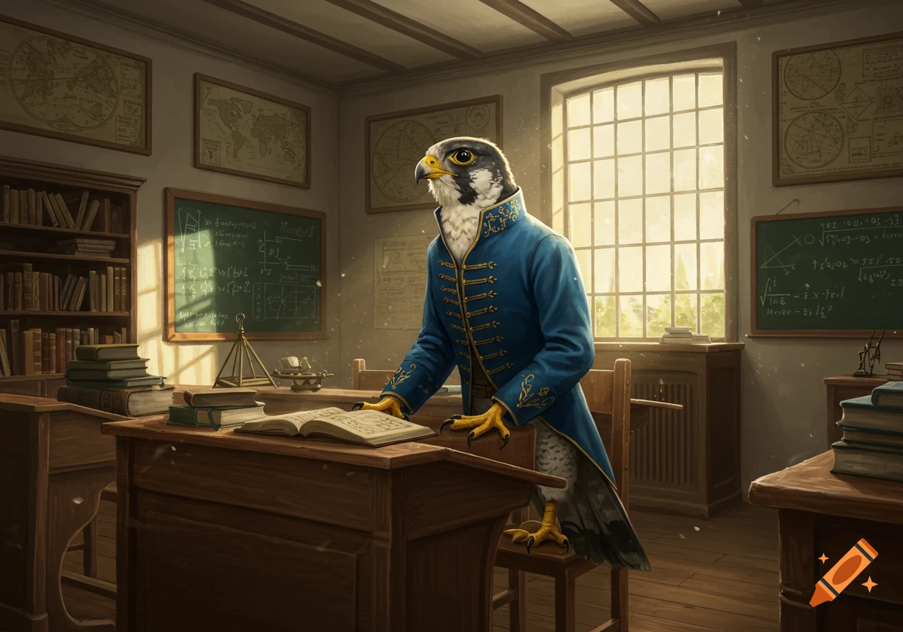 An anthropomorphic falcon in a blue jacket stands at a desk in a classroom with books and blackboards.