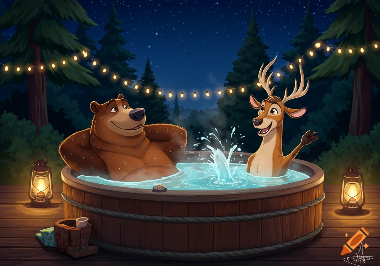 Cartoon bear and deer in a hot tub at night, surrounded by forest and string lights.