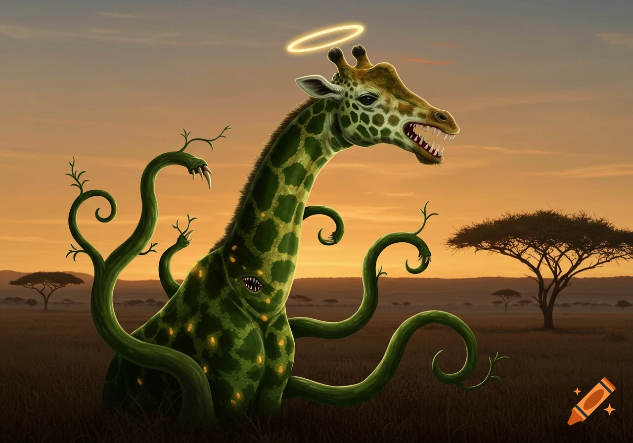 A surreal, green, giraffe-like monster with sharp teeth, vine tentacles, and a halo stands in a savanna at sunset.