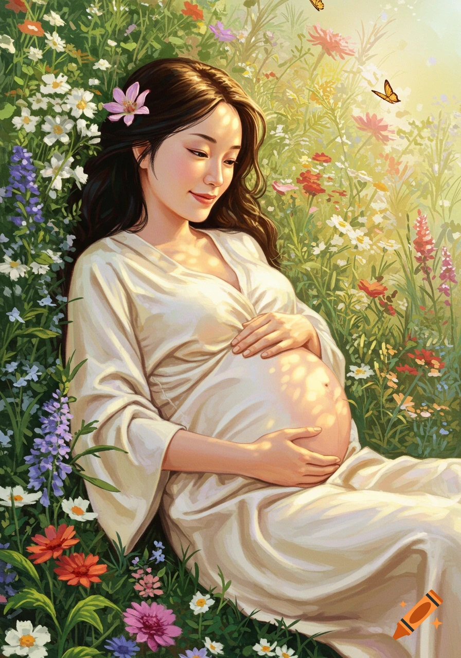 An illustrated pregnant woman with long dark hair smiles gently, lying in a sun-dappled field of colorful wildflowers, cradling her baby bump.