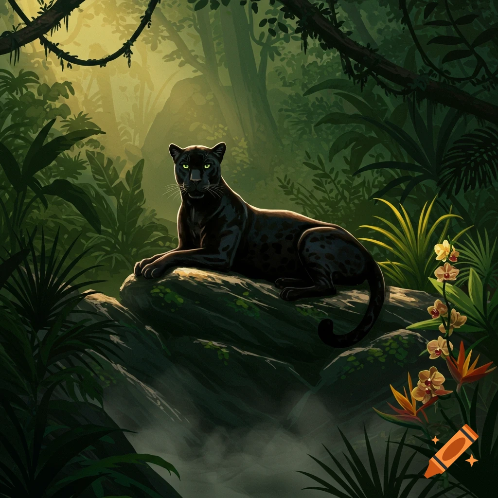 A black panther with glowing green eyes rests on a mossy rock in a lush, sunlit jungle with tropical plants. Illustrative.