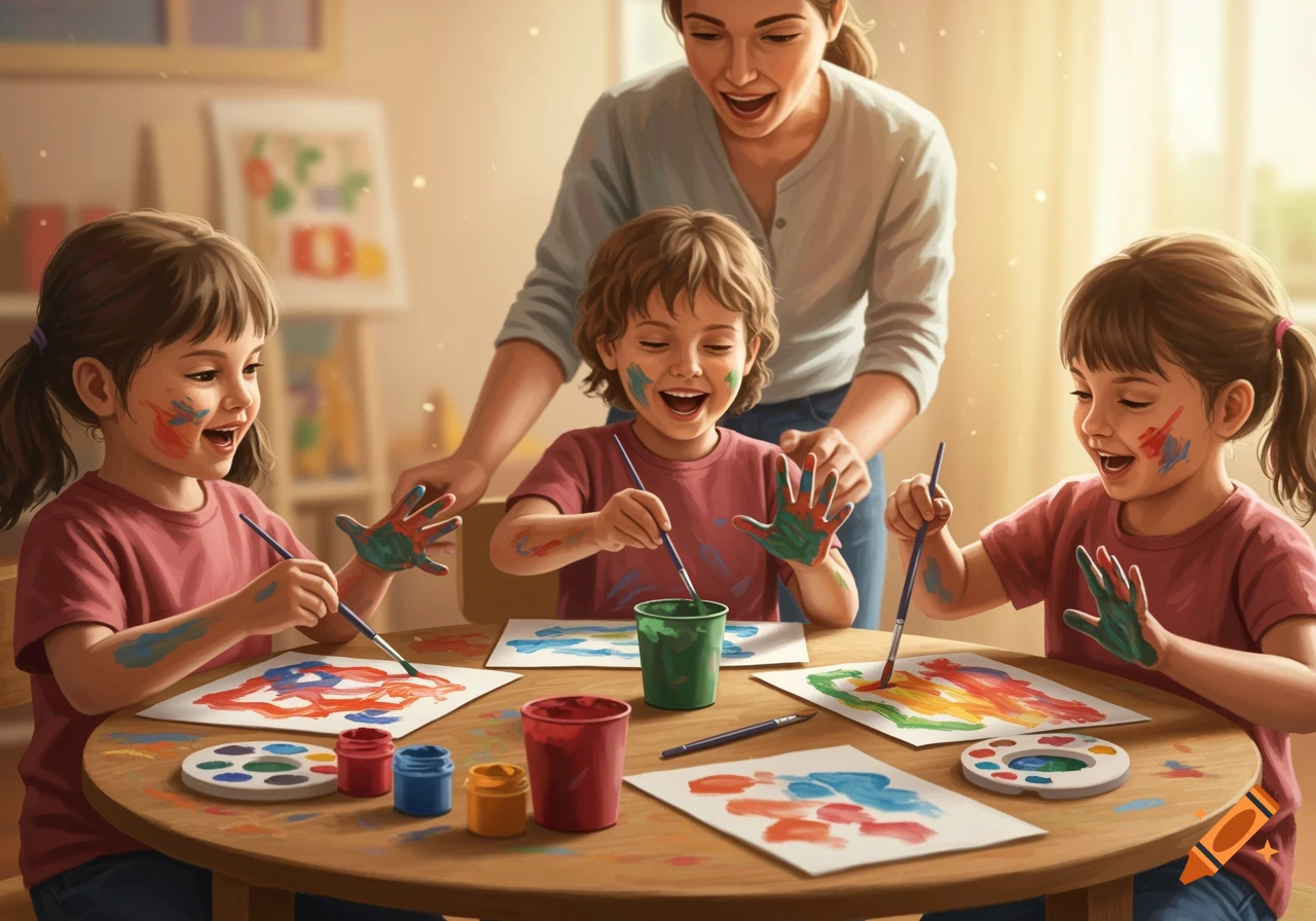 Three happy children covered in paint, sitting at a table and painting on paper, supervised by an adult.