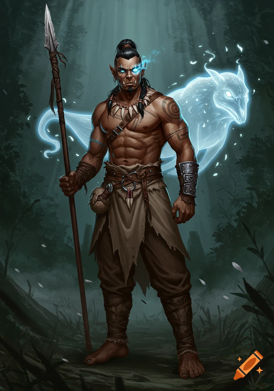 Muscular half-orc warrior with a spear, glowing blue eyes, and tribal tattoos, with a spectral blue wolf in a misty forest.