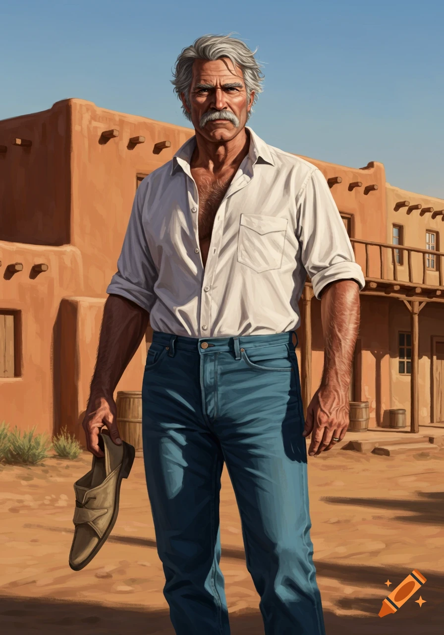 Gray-haired man with a mustache in an unbuttoned white shirt and blue jeans, holding a tan slipper in front of adobe buildings. Realistic illustration.