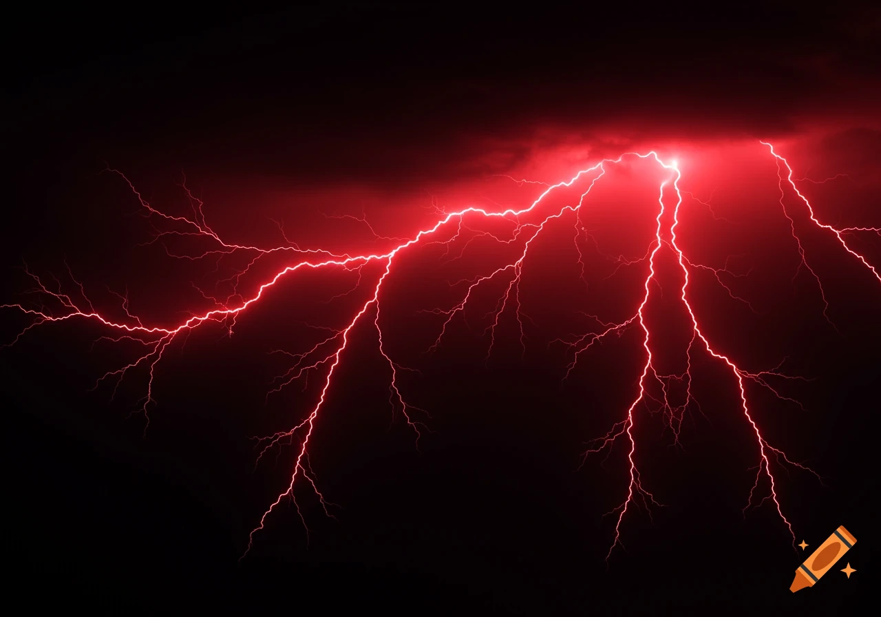 Bright red lightning bolts illuminate a dark, stormy sky, with several branches of electricity visible.