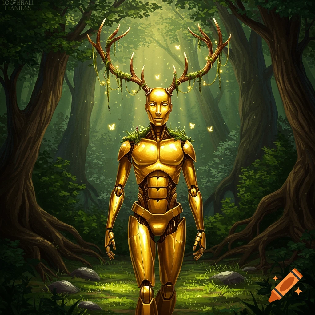 A golden metal humanoid robot with deer antlers and moss on its shoulders stands in a lush green forest with glowing butterflies.