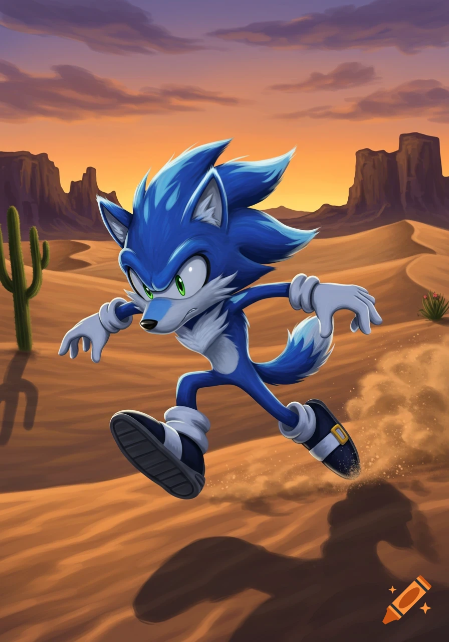 A blue wolf-like Sonic character runs across sand dunes in a desert with cacti and mesas under a sunset sky.