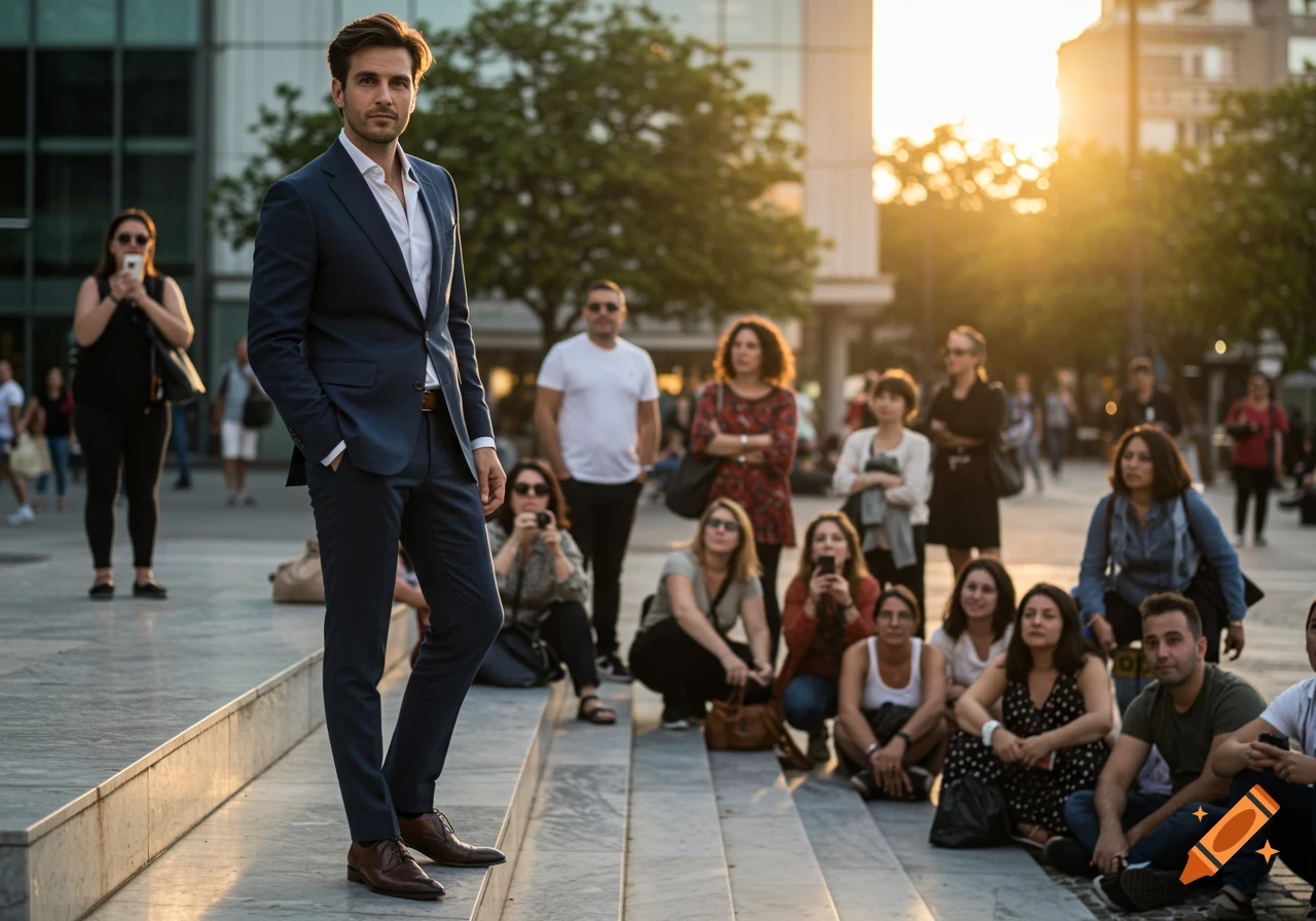 A well-dressed man in a suit stands confidently on outdoor steps at golden hour, surrounded by blurred people.