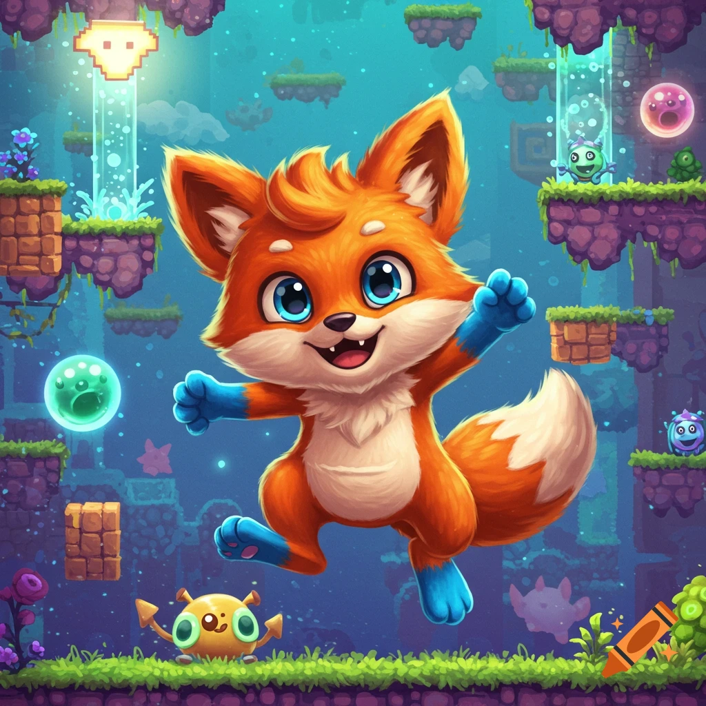 A cute, cartoon orange fox character jumps in a vibrant video game world with floating platforms and glowing objects.