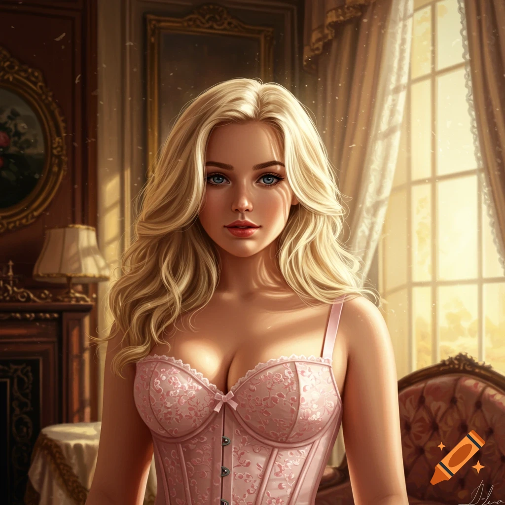 A fair-skinned woman with long blonde hair and blue eyes, wearing a pink lace corset, stands in a luxurious room with ornate decor and sunlight streaming through a window.