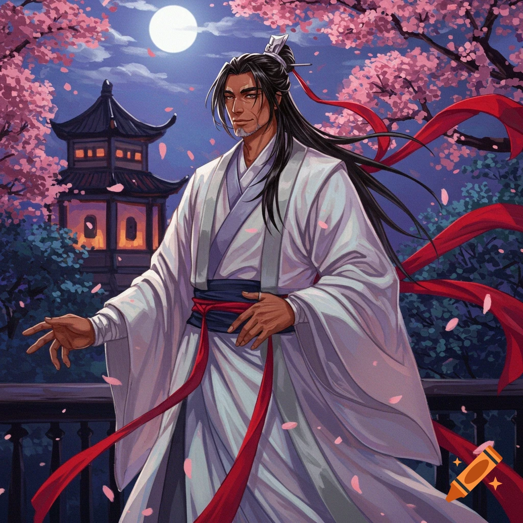 Anime man in white eastern robes with long dark hair in a moonlit cherry blossom garden.