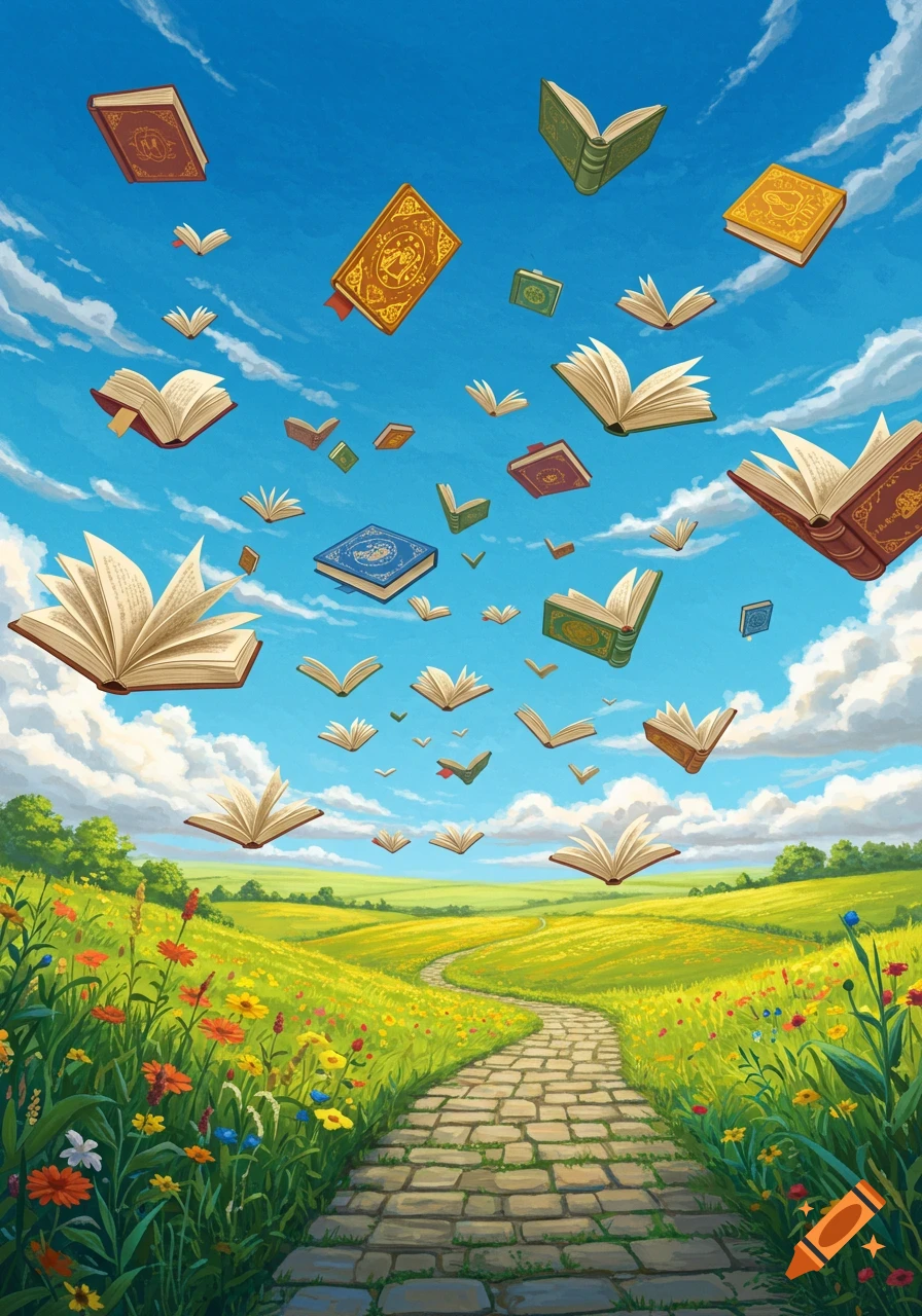 Illustrative image of many books with open pages flying in a bright blue sky with clouds over a lush green meadow with a winding stone path and colorful flowers.