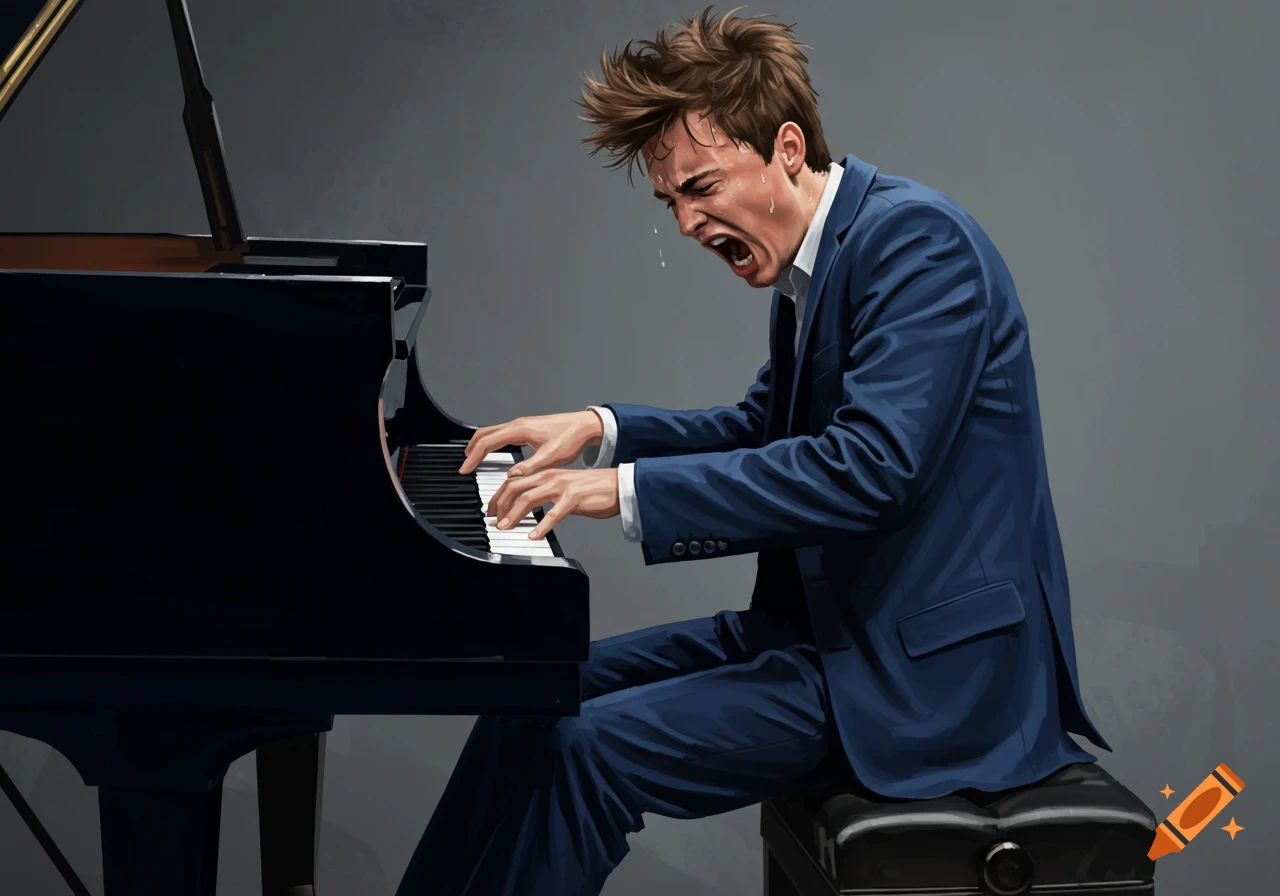 An intense male pianist in a blue suit playing a grand piano, sweating and yelling with passion, in an illustration style.