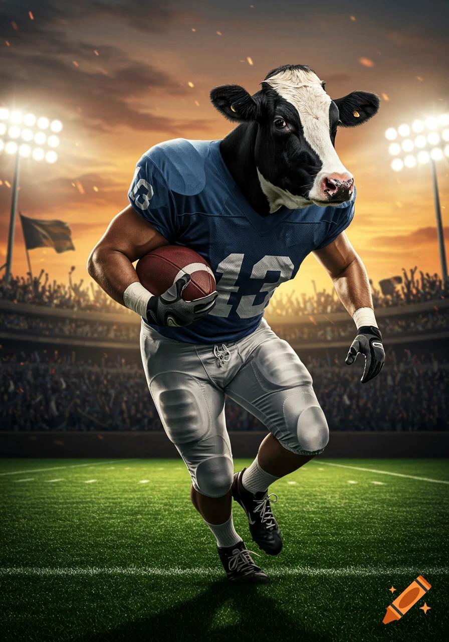 Photorealistic holstein cow-headed football player in a blue uniform runs with a ball on a brightly lit field.