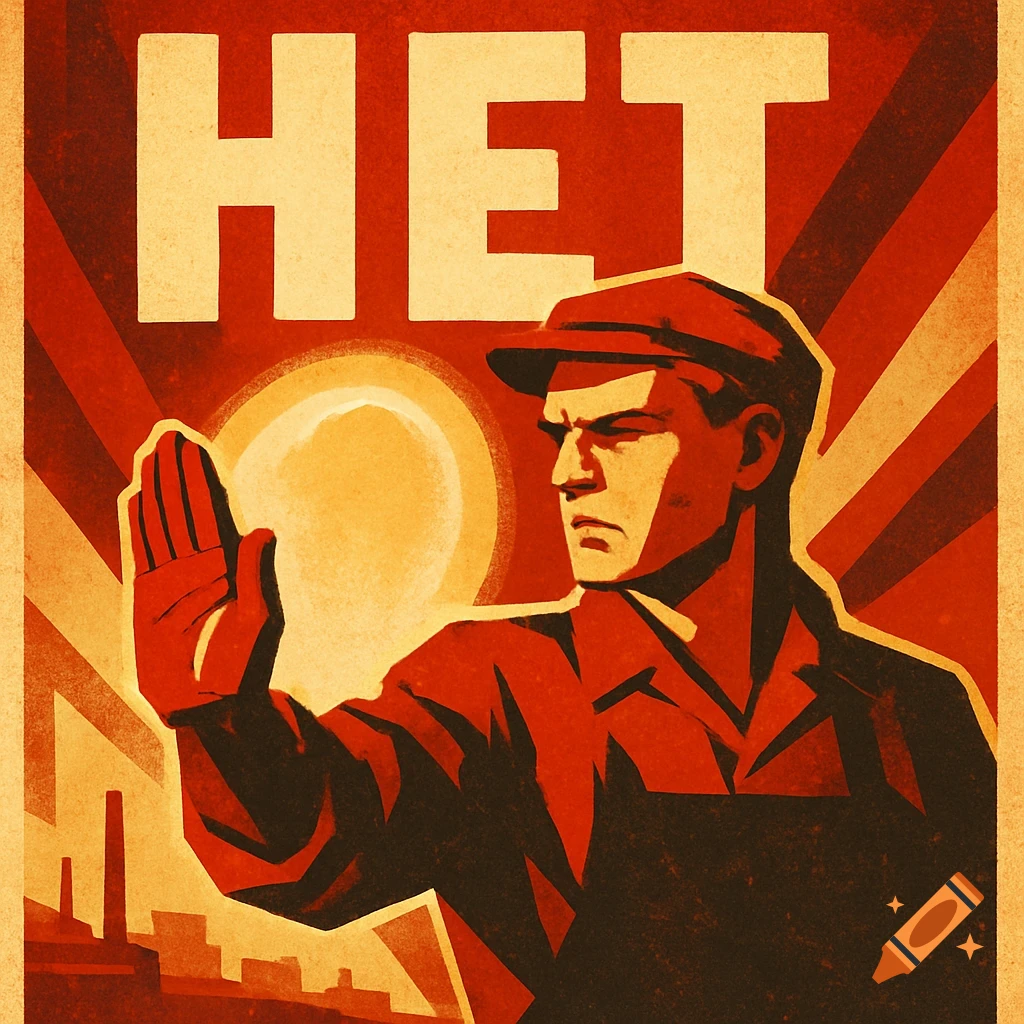Retro Soviet propaganda poster with a worker raising his hand in a stop gesture, with the word 'HET' (NO) above him.