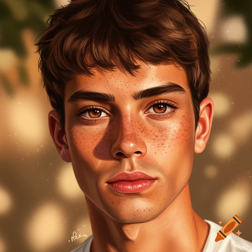 A close-up digital painting of a young man with brown hair, freckles, long eyelashes, and warm brown eyes, illuminated by dappled sunlight.