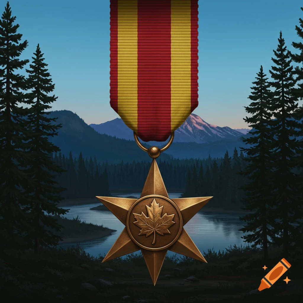 A bronze six-pointed star medal with a maple leaf on a red and yellow ribbon, set against an illustrated mountain and forest landscape with a river.
