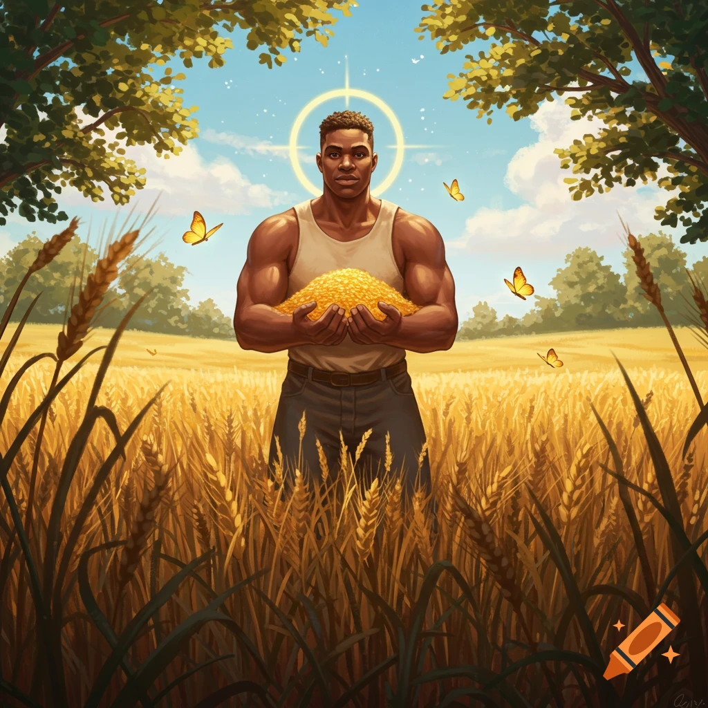 A muscular Black man with a glowing halo stands in a golden wheat field, holding grain, with butterflies and trees.