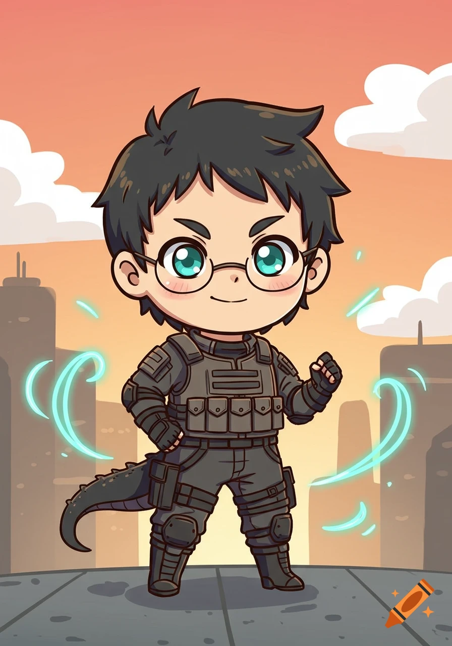 Chibi Kafka Hibino from Kaiju No. 8 in tactical gear with a monster tail, glowing blue energy, city background.