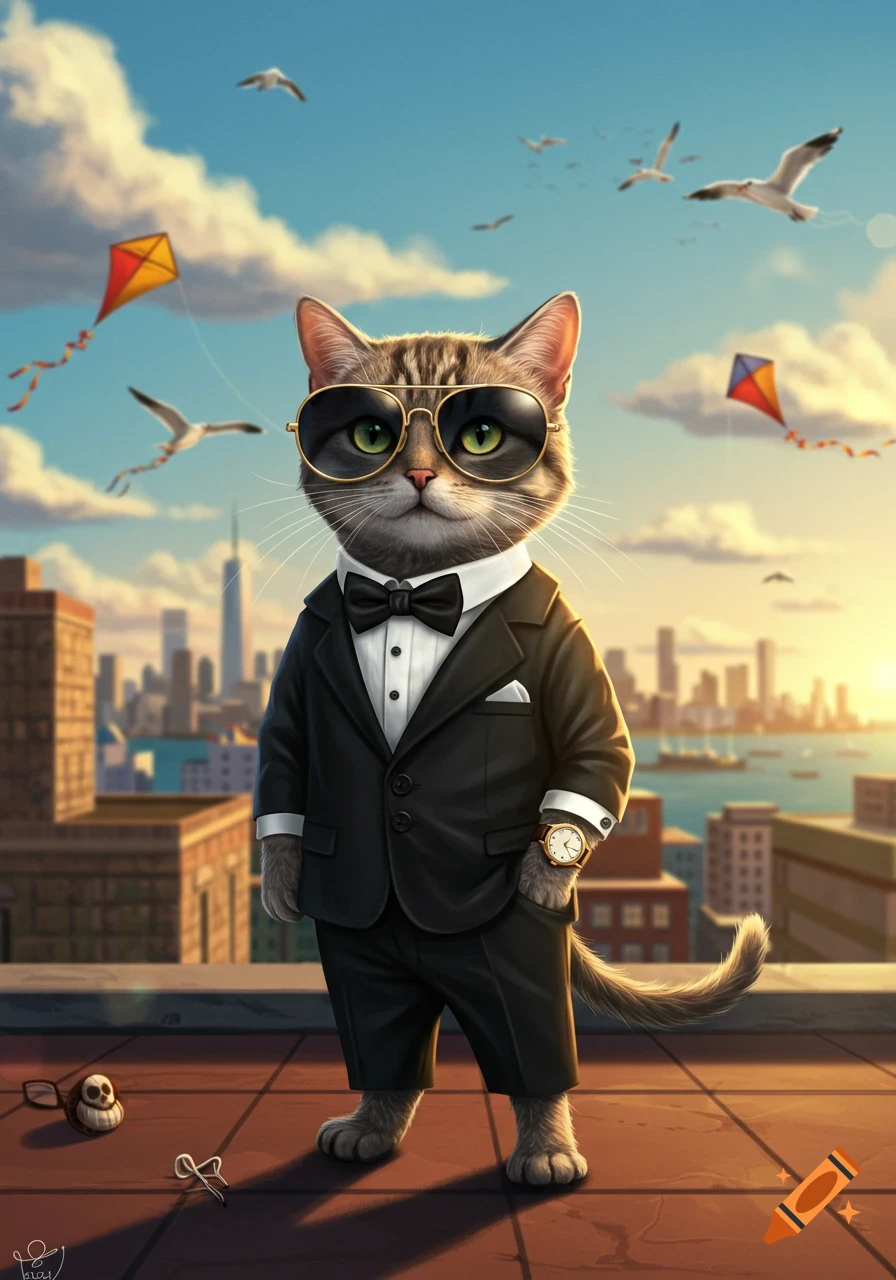 A cartoon cat in sunglasses, a black suit, and a bowtie stands on a city rooftop at sunset with kites and seagulls in the sky.