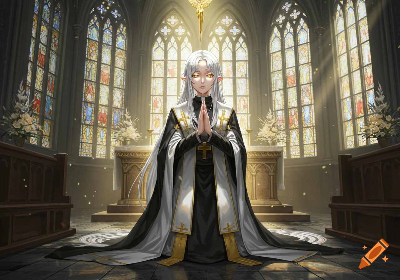Anime-style elf-like woman with silver hair and golden eyes, dressed in white and black priest robes, praying in a sunlit cathedral with stained glass windows.