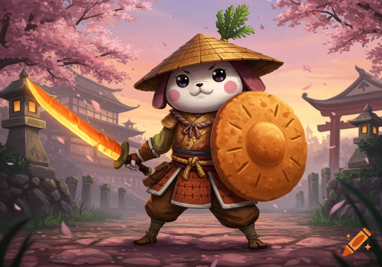 A cute rabbit-like samurai warrior holding a glowing sword and round shield stands in a Japanese garden with cherry blossoms.