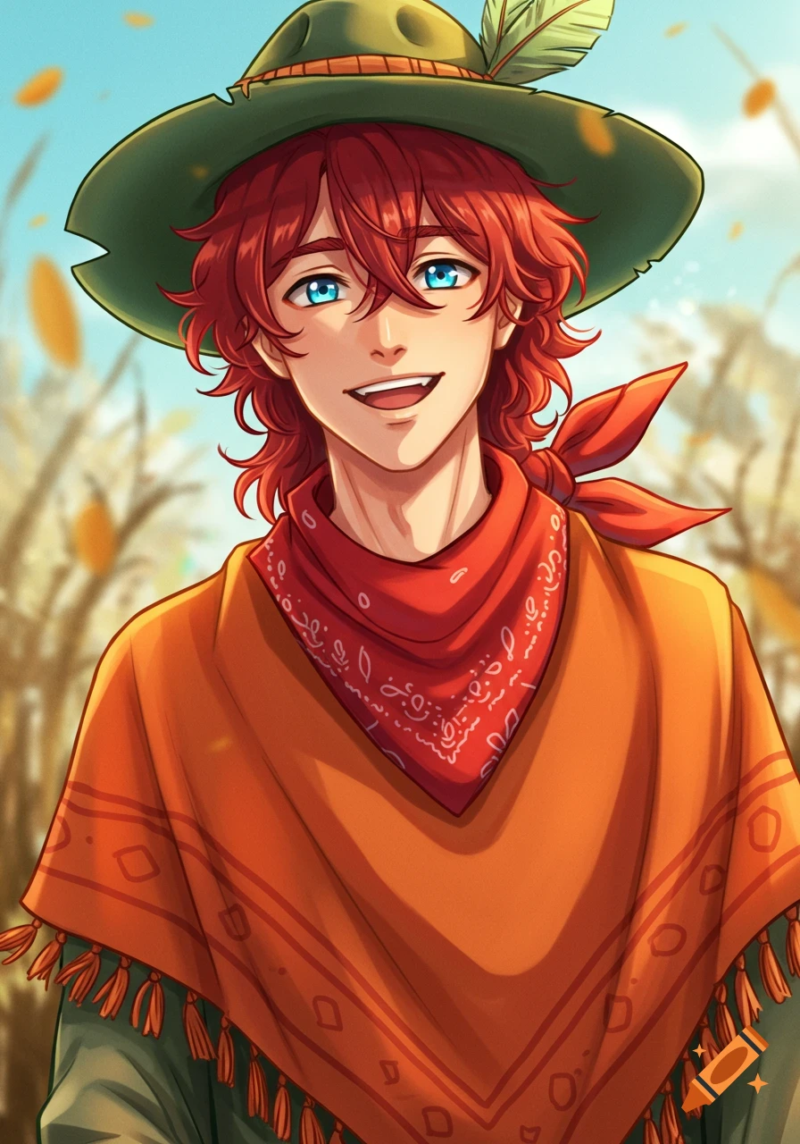 Anime portrait of a smiling young man with red curly hair, blue eyes, green hat, red bandana, and orange poncho in a field.