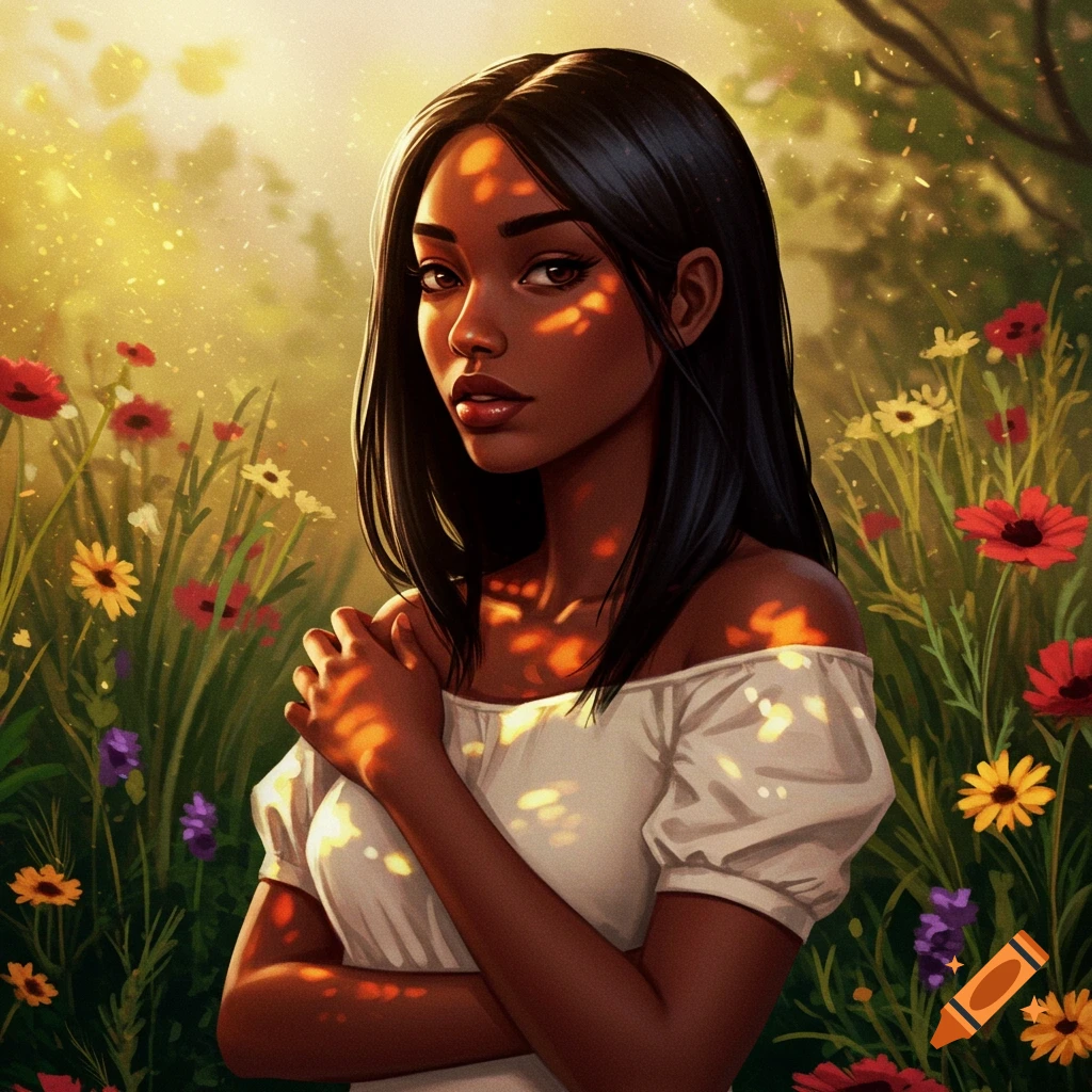 Digital painting of a young woman with dark skin and long black hair in a sunny field of colorful wildflowers.