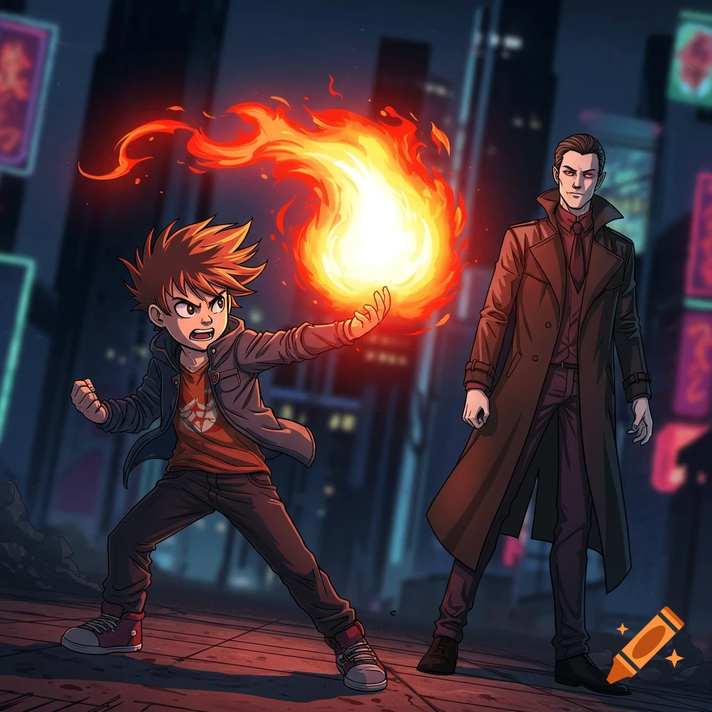 Manga style drawing of a spiky-haired boy shooting a fireball at a stoic vampire on a dark city street.