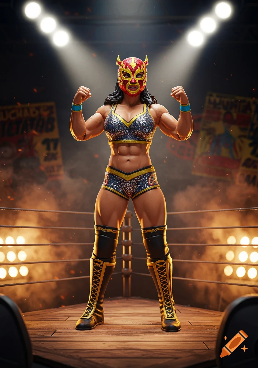 A muscular female luchador action figure in a red and gold mask and a sparkling blue and gold outfit flexes in a wrestling ring under bright spotlights.