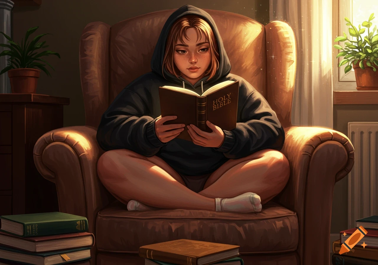 A girl in a black hoodie sits cross-legged in an armchair, reading a book titled "Holy Bible" in a warm, cozy room.