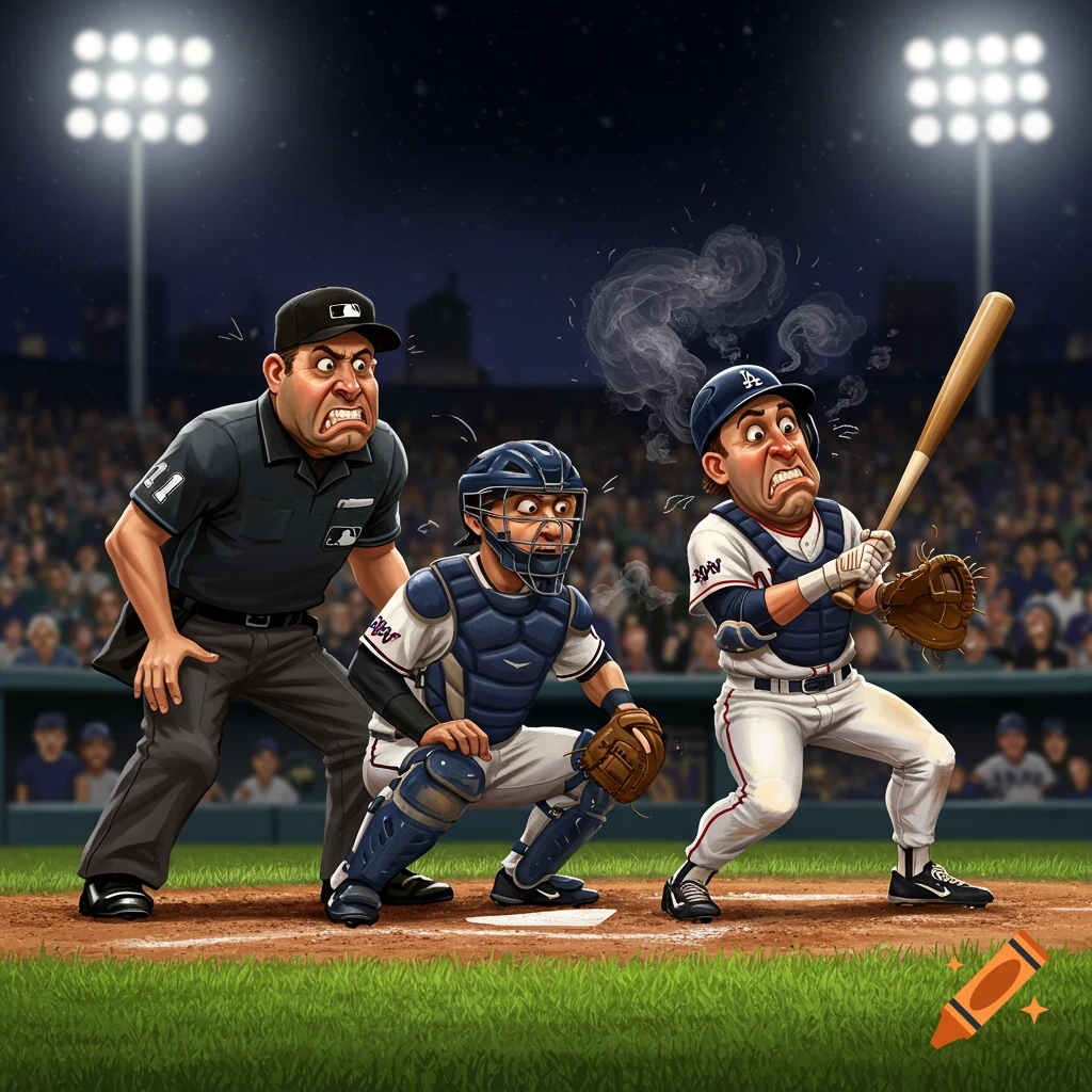 Cartoon illustration of a baseball umpire and catcher recoiling from an angry batter at a night game, with smoke rising from the batter's head.