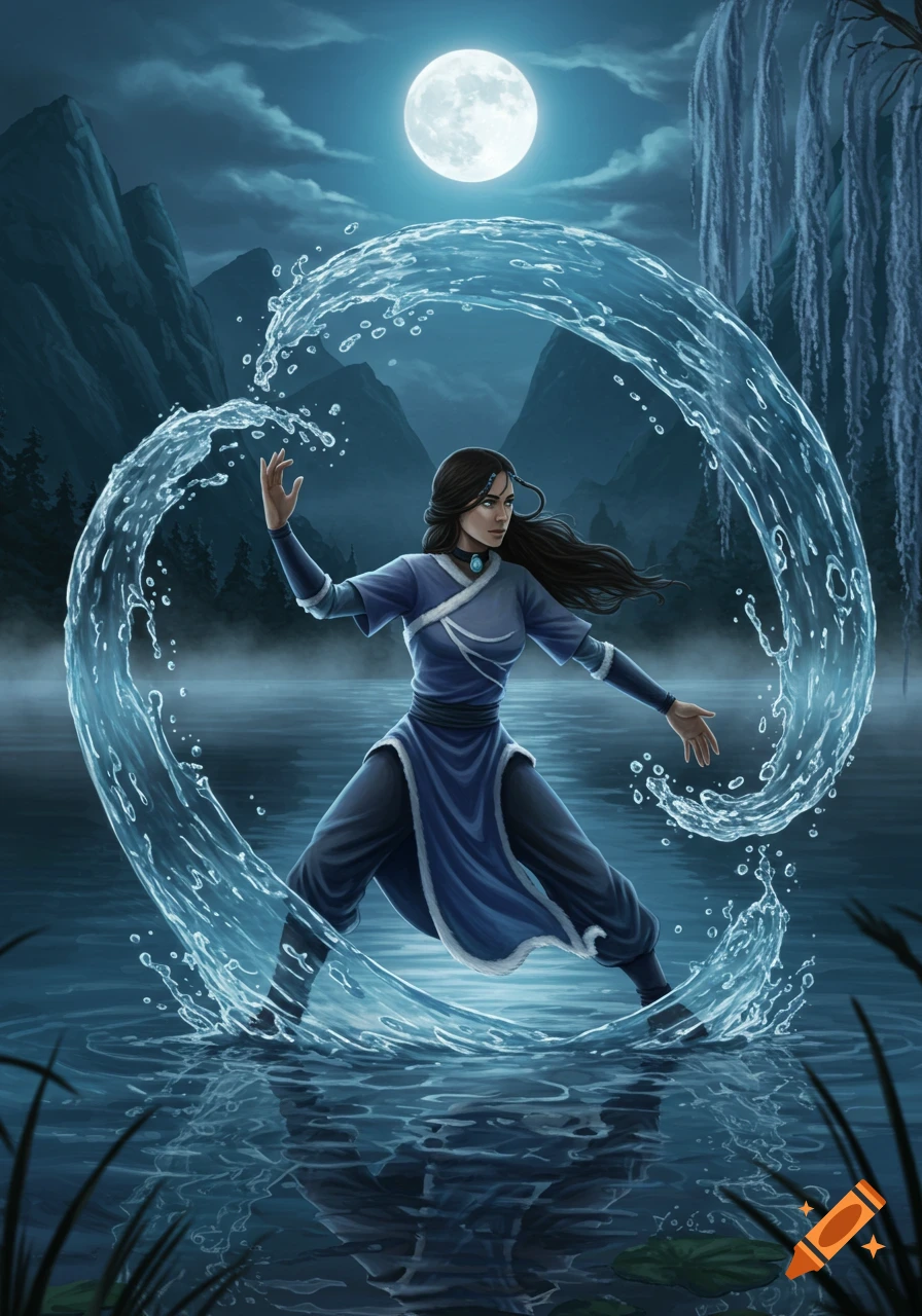 Katara from Avatar waterbending in a moonlit lake, surrounded by mountains and weeping willows.